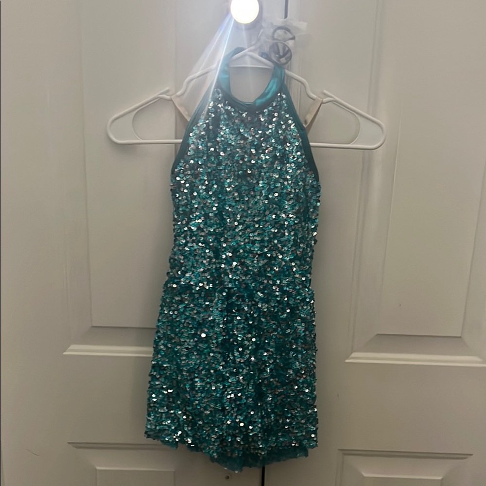Sparkling Teal Sequin Halter Dress Dance Costume Curtain Call J707